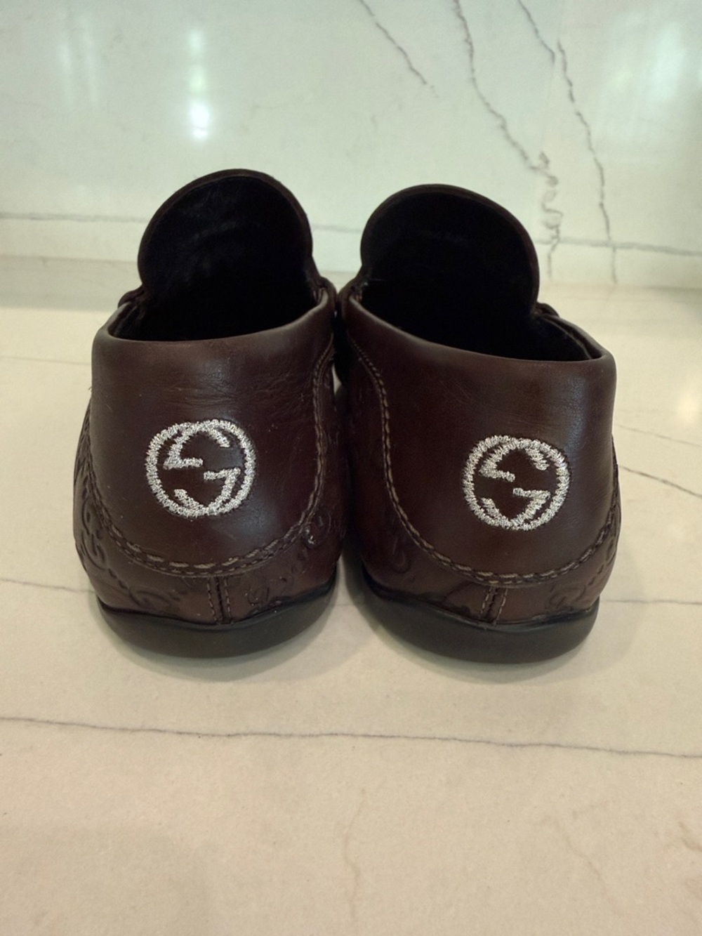 Gucci Brown Embossed GG Leather Penny Loafers - Picture 6 of 12